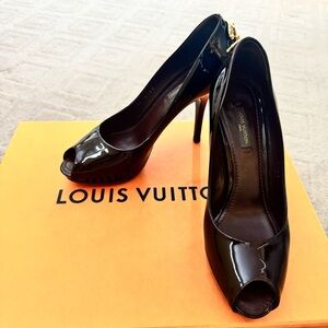 Louis Vuitton Glossy Black Peep-Toe Heels